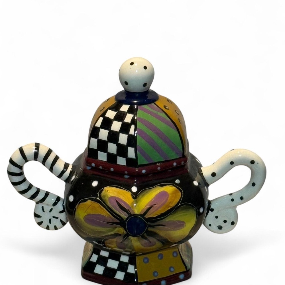Artistic ceramic small container, sugar bowl with whimsical motif